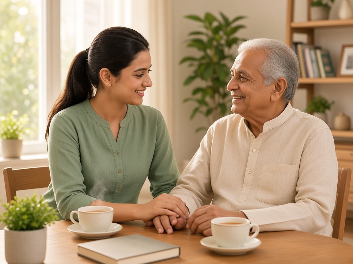 A young caregiver talking with an elderly man at home